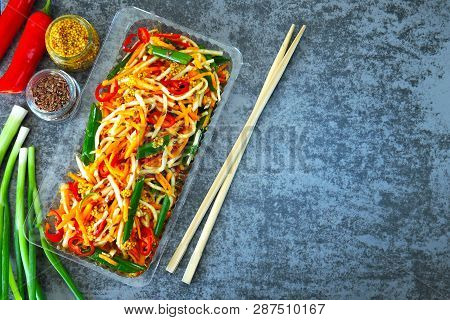 Salad From Marinated Vegetables With Green Onions In Chinese Style. Fermented Vegetables. Salad Of F