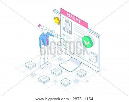 Isometric Man And Cv Resume Documents. Recruiting Advertisement, Job Opportunity. Searching Professi