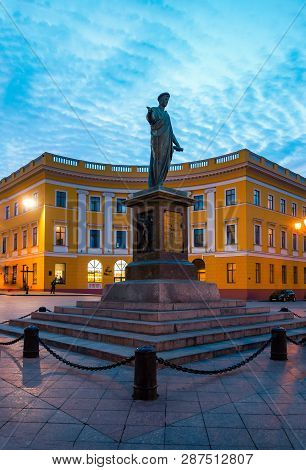 Odesa, Ukraine - March 05, 2019: Evening View On The Duke Monument