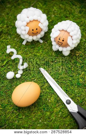 Craft Ideas For The Easter Season, Lamb Shaped Easter Eggs And Materials On Green Moss