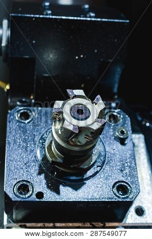 Modern Cnc Machine Tool, Face Milling Cutter Close-up. Metalworking, Abstract Background.