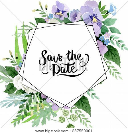 Violet Bouquet Floral Botanical Flowers. Watercolor Background Illustration Set. Frame Border Crysta