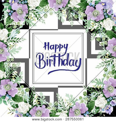 Violet Bouquet Floral Botanical Flowers. Watercolor Background Illustration Set. Frame Border Orname