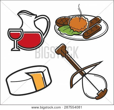 Traveling Montenegro Food And Drink With Musical Instrument Vector Homemade Wine Jug And Glass Cutle