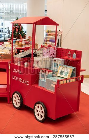 Emporium, Bangkok, Thailand, Dec 31, 2018 : Beautiful Red Kiosk Display With Lavin Montblanc Perfume