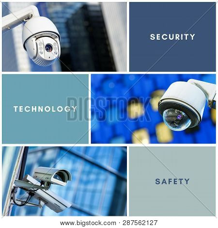 Set Of Closeup Security Camera In Various Situation With Copyspace