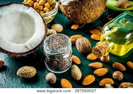 Healthy Vegan Fat Food Sources, Omega3, Omega6 Ingredients - Almond, Pecan, Hazelnuts, Walnuts, Oliv