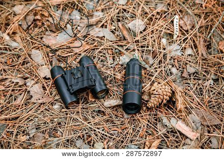 Binoculars And Monocle On The Ground Covered With Pine Needles In The Forest