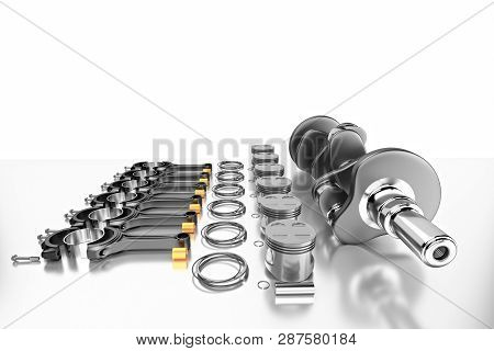 3d Rendering. Crankshaft For 6v Cylinders Engine. Truck Crankshaft On Grey Background. Engine Bearin