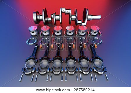 3d Rendering. Crankshaft For 6v Cylinders Engine. Truck Crankshaft On Grey Background. Engine Bearin