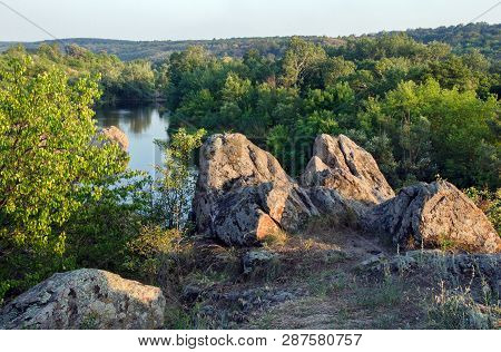 Rocky Shore And River In Summer On Sunny Day In Reserve Buzsky Gard, Migeya, Nikolaev Region, Ukrain