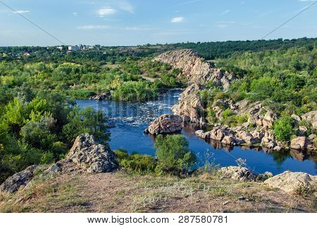 View Of  Rocky Shore Of  River And Green Trees In  Reserve Buzsky Gard, Migeya, Nikolaev Region, Ukr