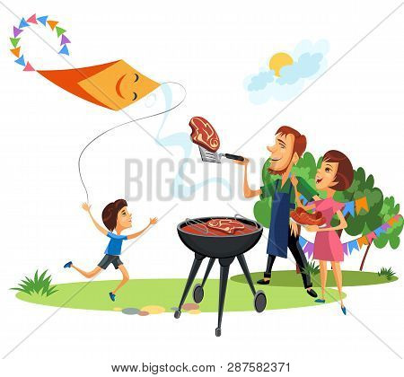 Family Picnic At Backyard Celebration Poster. Child Running And Playing With Toy Kite Father Holding