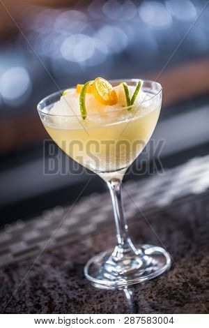 Cocktail Drink Frozen Margarita At Barcounter In Night Club Or Restaurant.