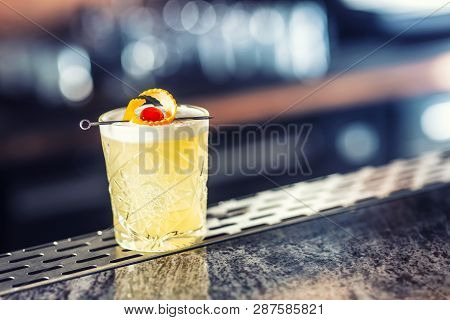 Cocktail Drink Whiskey Sour At Barcounter In Night Club Or Restaurant.