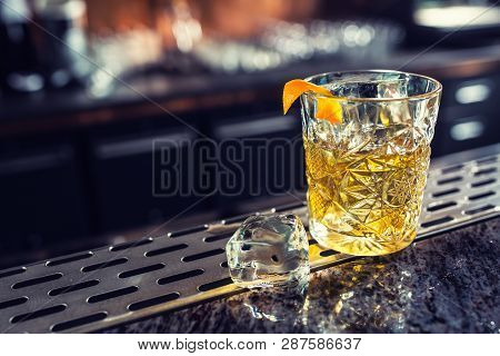 Cocktail Drink Old Fashioned At Barcounter In Night Club Or Restaurant.