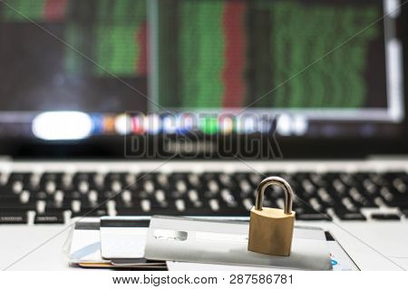 Internet Security Concept, With Credit Card Atm And Padlock On Laptop Keyboard, Online Security Tran