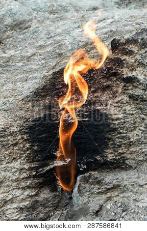 Flames of Chimera Mount from the underground. Fire from the natural gas in the rocks in Cirali, Turkey.