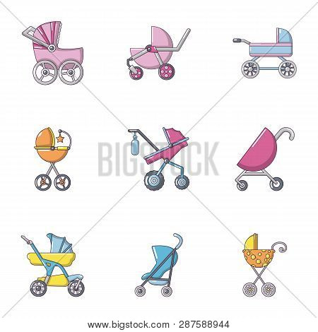 Baby Stroller Icons Set. Flat Set Of 9 Baby Stroller Icons For Web Isolated On White Background