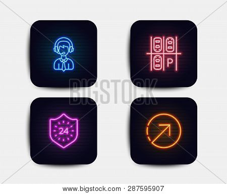 Neon Glow Lights. Set Of Shipping Support, Parking Place And 24 Hours Icons. Direction Sign. Deliver