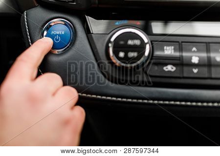 Car Driver Starting The Engine Start, Stop Engine Button.