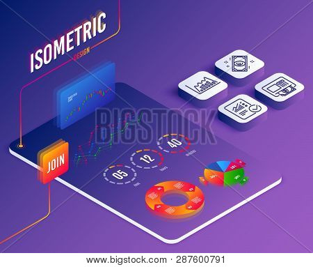 Isometric Vector. Set Of Infographic Graph, Atm And Euro Money Icons. Checked Calculation Sign. Line