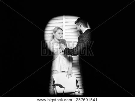 View Through Keyhole. Worker Lady Suspected In Rights Violation. Boss Aggressive Threatening. Witnes