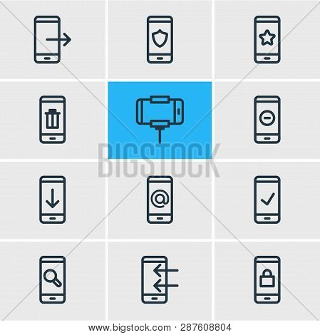 Vector Illustration Of 12 Phone Icons Line Style. Editable Set Of Mail, Check, Protection And Other 