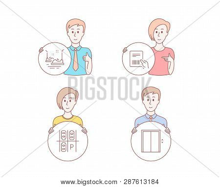 People Hand Drawn Style. Set Of Parking Place, Bumper Cars And Parcel Invoice Icons. Lift Sign. Tran