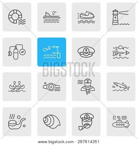 Illustration Of 16 Naval Icons Line Style. Editable Set Of Pike Fish, Lifebuoy, Smoking Pipe And Oth