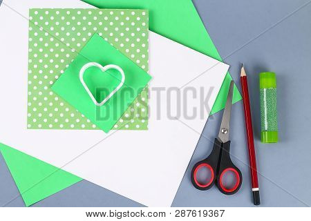 Diy St. Patricks Day Greeting Card Made Of Cardboard And Paper Clovers On A Gray Background. Gift Id