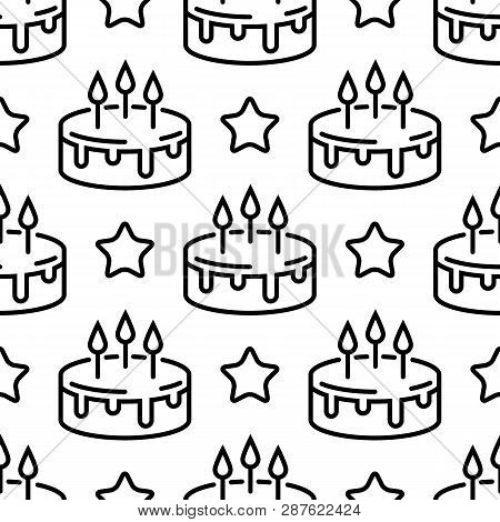 Seamless Birthday Cake Pattern. Line Cakes With Stars On A White Background
