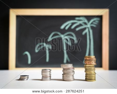 Growth Concept: Plant To Tree In Four Stages Drawn With Chalk On Board With Coins On The Foreground