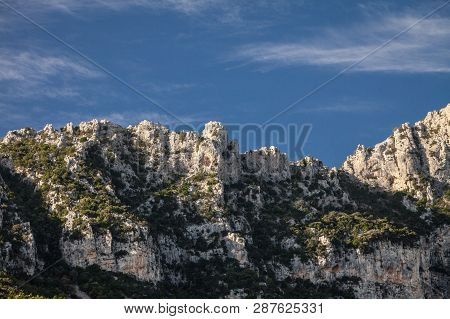 Wiew Of The Greek Mountains Made Of Stones. Mediterranean Landscape, Greece During Summer.