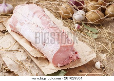 Raw Pork Meat - Carbonade. Fresh Organic Meat And Ingredients. Rustic Style.