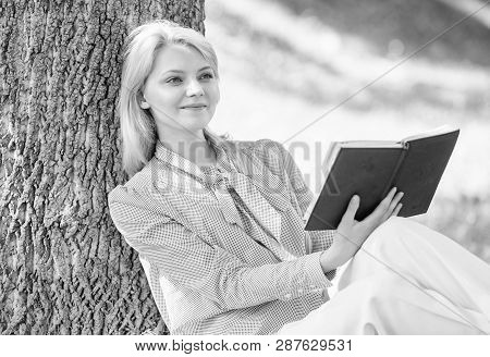 Self Improvement And Education Concept. Female Self Improvement. Girl Lean On Tree While Relax In Pa