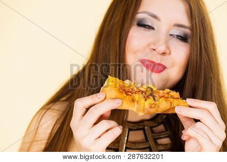 Woman Eating Hot Pizza Slice