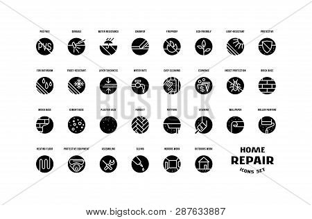 Home Repair And Building Set Of Round Icons. For Packaging, Label And Web Design. Isolated On White 