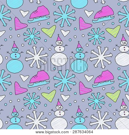 Seamless Cartoon Doodle Winter Ornament With Snoman And Snowflakes