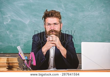 Teacher Concentrated Bearded Mature Schoolmaster Listening With Attention. Pay Attention To Details.