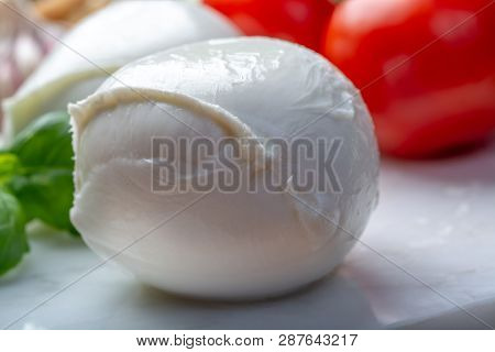 Balls Of Buffalo Mozzarella, Soft Italian Scheese Made From The Milk Of Italian Mediterranean Buffal