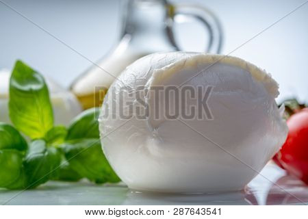 Balls Of Buffalo Mozzarella, Soft Italian Scheese Made From The Milk Of Italian Mediterranean Buffal
