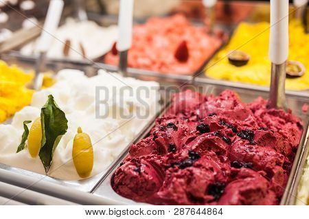 Classic Italian Gourmet Gelato Gelatto Ice Cream Display In Shop
