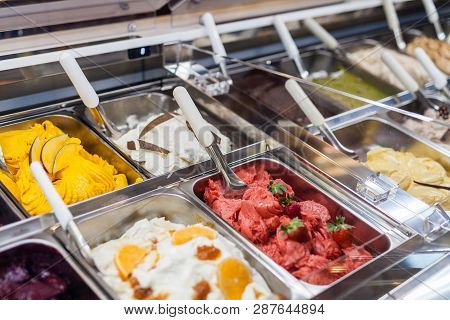 Classic Italian Gourmet Gelato Gelatto Ice Cream Display In Shop
