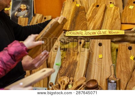 Olive Wood Cutting Boards On The Local Market In Tuscana