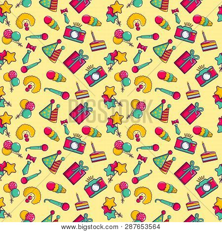 Clownery Pattern Seamless. Cartoon Of Clownery Vector Pattern Seamless For Web, Poster And Wrapping 