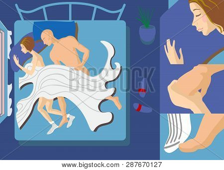 Man And Woman Sleeping In The Bed. Vector Flat Illustration - Vector. Flat