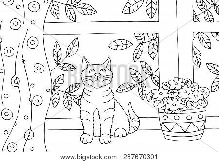 Hand Drawn Coloring Page For Children And Adults With A Cat And A Flower Pot On The Windowsill