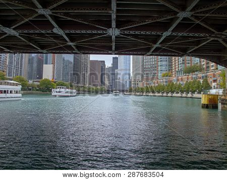 Chicago - October 1, 2012. When Boating On The Chicago River From Lake Michigan Into The Heart Of Th