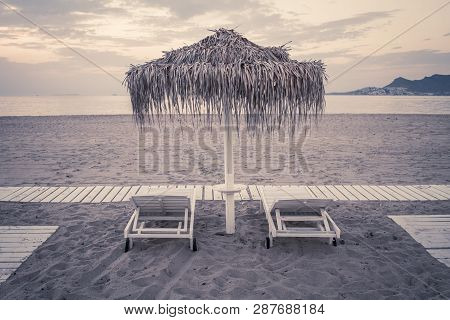 Hotel Resort Beach Sea View With Sunshades At Sunset Chillout Color Split Toning